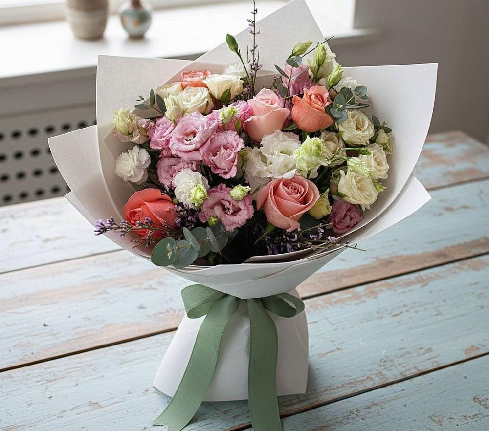 Букет цветов из: Розы, Лизиантусы и Гвоздики в город Кимры