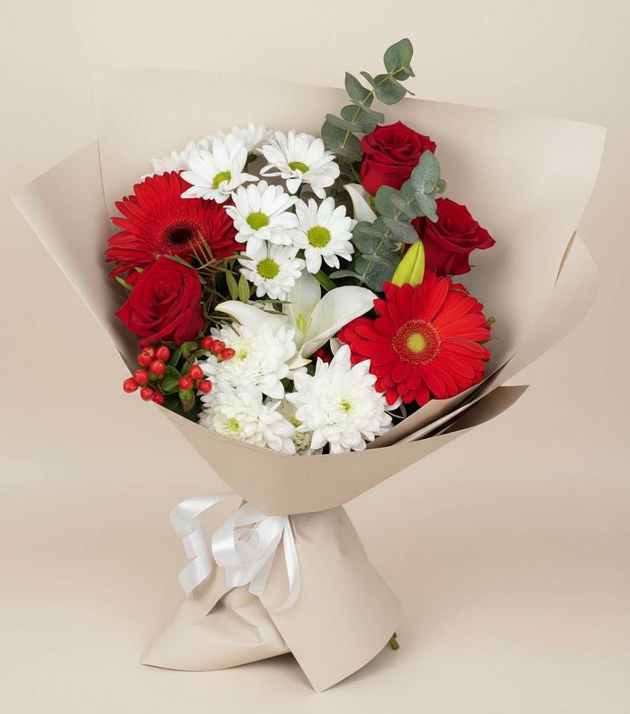 Букет цветов из: Розы, Хризантемы, Герберы и Лилии в город Кимры